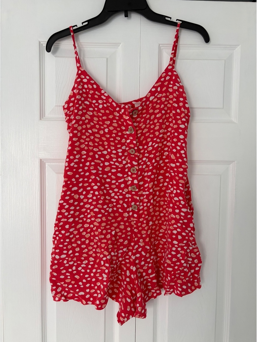 Roxy Red, White, & Peach Polka Dot Romper with Adjustable Straps, Size Small